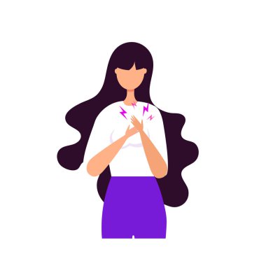 Genç kız kalp hastalığı ya da stres ve ilgisizlik kavramı. Bir kadın kendini kalbinden tutar..