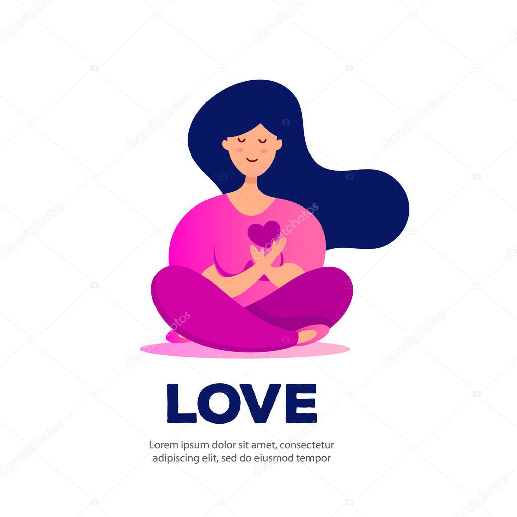 Young woman sits in lotus position and holds a love heart.