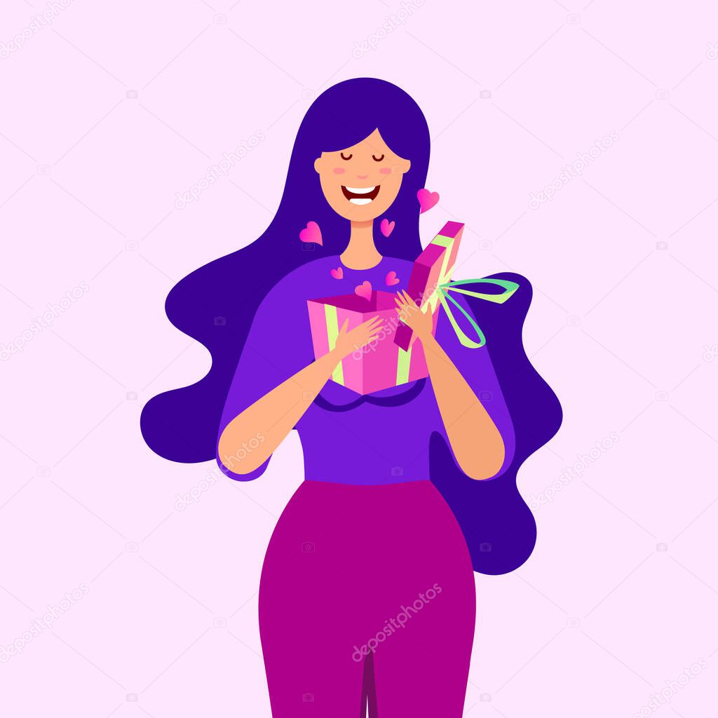 Birthday congratulatory illustration with a young girl holding a gift paper box with love shapes on a pink background.