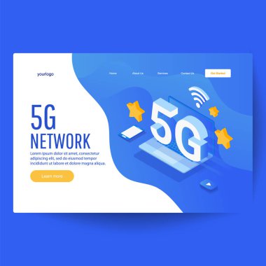 Sembollü, kablosuz internet ve cep telefonlu 5g izometrik konseptin iniş sayfası şablonu