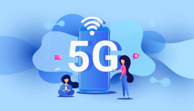 Akıllı telefon cihazlı ve küçük karakterli yaratıcı 5G teknoloji konsepti. Web pankartı, bilgi grafikleri ve poster için kullanılabilir