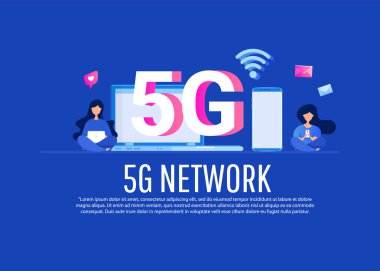 Akıllı telefon cihazlı ve küçük karakterli yaratıcı 5G teknoloji konsepti. Web pankartı, bilgi grafikleri ve poster için kullanılabilir