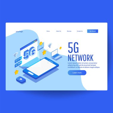 Mavi akıllı telefonlu 5g izometrik konsept, kurulmuş bağlantılı web sayfası