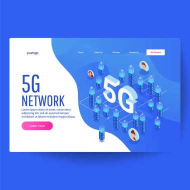 5G ağ teknolojisi, izometrik akıllı şehir konsepti, kablosuz interneti olan yüksek binalar.