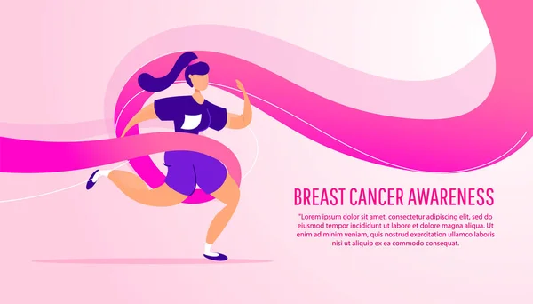 Выигрышная концепция месяца информированности о раке груди. Молодая девушка бежит в благотворительном марафоне с розовой лентой на градиентном фоне . — стоковый вектор