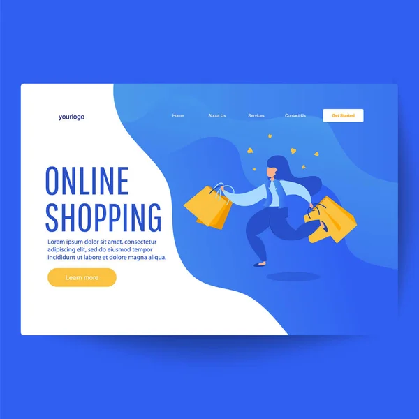 Online shopping banner av kvinna med shoppingväskor med inköpare. — Stock vektor