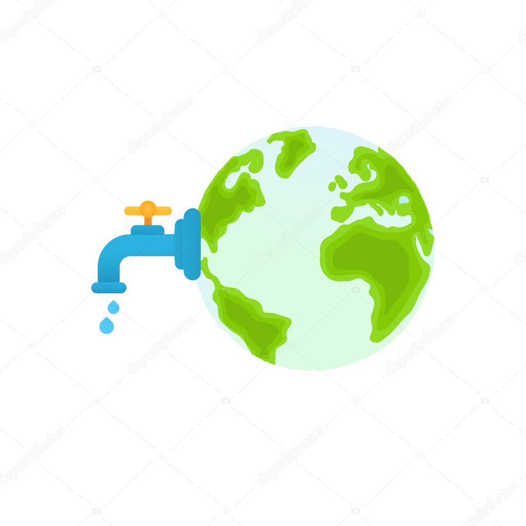 Water world day concept of water tap with a drop of water out to earth and save water vector design illustration