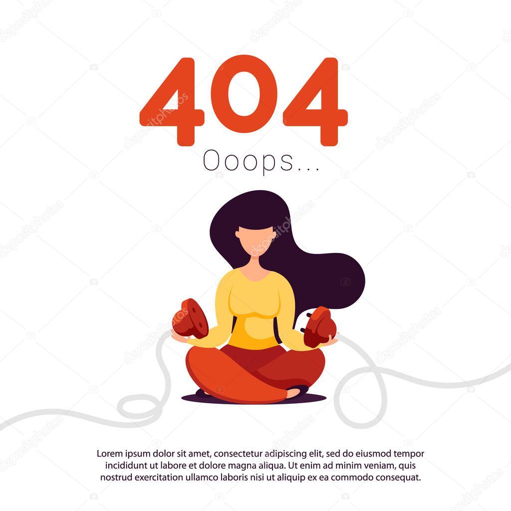 A young girl unplugged electric plug and socket from the network. Illustration of creativity 404 page not found error.