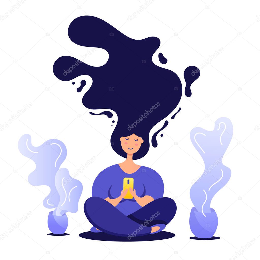 Brainstorming concept with woman in lotus position uses a smartphone. Idea generation concept.