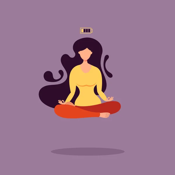 Concept of tired woman with uncharged battery.Woman meditating in lotus pose and levitates over the floor. — Stock Vector