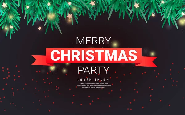 Merry christmas party template with christmas snowflakes, fir branches, stars and red ribbon with text on a dark background for special offer , sale and discount .