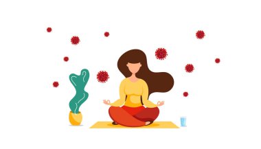 Genç bir kız halının üzerinde nilüfer pozisyonunda meditasyon yapıyor, evde tek başına Coronavirus 'a karşı savaşıyor. Evde kal konsepti. Sosyal uzaklık