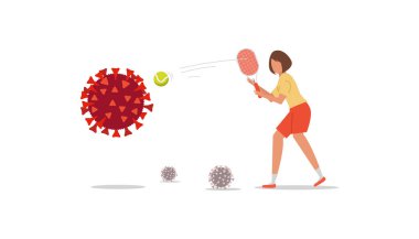 Coronavirus kontrol konsepti. Çizgi film kızı raketle tenis topuna vurup virüsü yok etti.