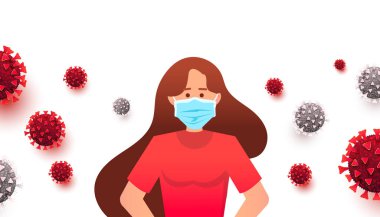 Hastalığı, gribi, hava kirliliğini, kirli havayı ve dünya kirliliğini önlemek için maske takan bir kadın. Düz bir şekilde vektör illüstrasyonu. Coronavirus 2019-nCoV romanından. 
