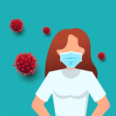Mavi tıbbi maskeli genç bayan doktor ve yeşil arka planda koronavirüs hücreleri. Karantina konsepti. Roman Coronavirus 2019-nCoV, vektör illüstrasyonu