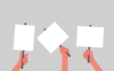 Protesto gösterileri veya grevler için pankartlar, pankartlar ve pankartlar tutuyorlar. Gri arkaplanda vektör illüstrasyonu