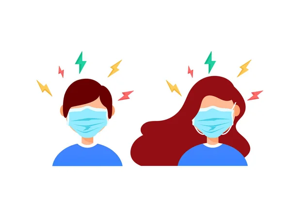 Mulher Homem Máscara Médica Protetora Está Tendo Dor Cabeça Isolada — Vetor de Stock