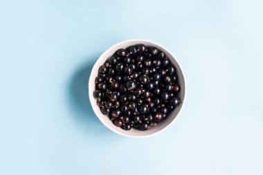 Mavi arka planda beyaz kasede organik siyah frenk üzümü bulunan düz bir bileşim.