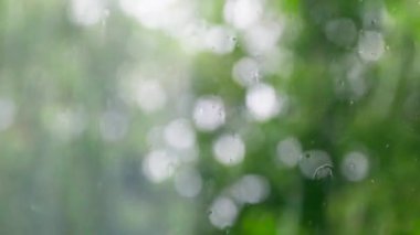 Pencerenin camına yağmur yağarken dışarıda yeşil ağaçlar var. Cama yağmur yağıyor..