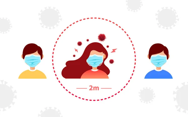 Pandemie Coronavirus Concept Distanţare Socială Ilustrație Vectorială Tânără Mască Protecție — Vector de stoc