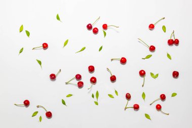 Beyaz arka planda yeşil yapraklı organik kiraz çileği. Böğürtlen yaz geçmişi. Düz konum, üst görünüm, kopyalama alanı