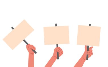 Beyaz arkaplanda vektör çizimi izole edildi. Protesto posterleriyle bir sürü insan eli.