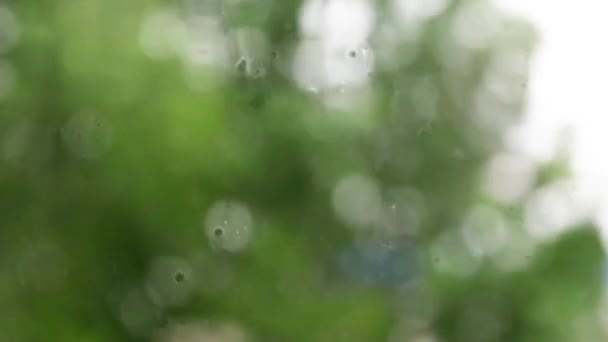 Gota de agua cayendo sobre el cristal de la ventana en tiempo lluvioso . — Vídeo de stock