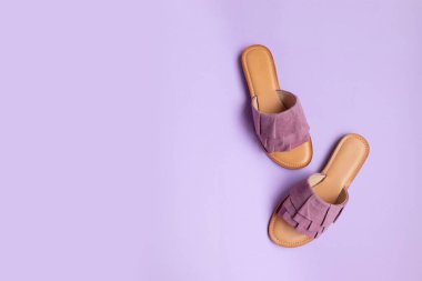 Renkli arka planda çeşitli kadın ayakkabıları, üst manzara. Üst manzara, düz uzanma