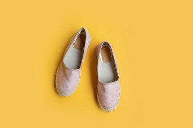 Renkli arka planda çeşitli kadın ayakkabıları, üst manzara. Üst manzara, düz uzanma