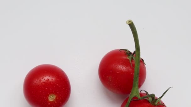 Tomates frescos crudos sobre un fondo blanco, vista desde arriba — Vídeo de stock