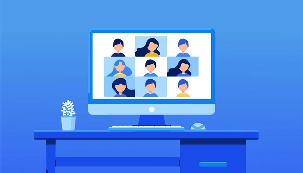 Video conference for training. E-learning, online meeting, work from home concept on blue background. Vector illustration, flat lay style