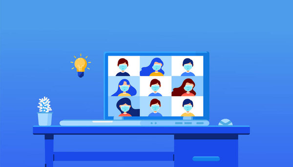 Speak Talk Video Call Diverse Multiracial Colleagues Online Briefing Modern — Stock Vector