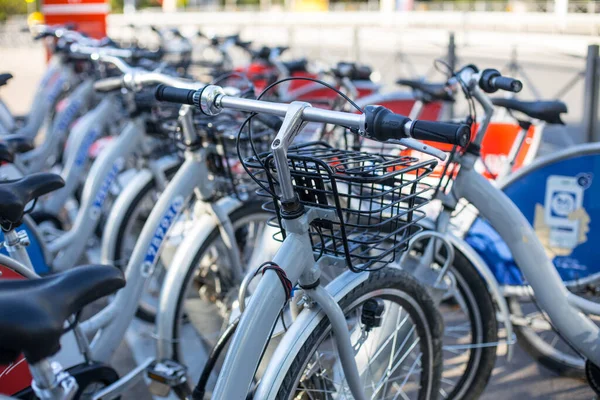 Fahrräder Stehen Sommer Auf Einem Parkplatz Zum Mieten Der Stadt — Stockfoto