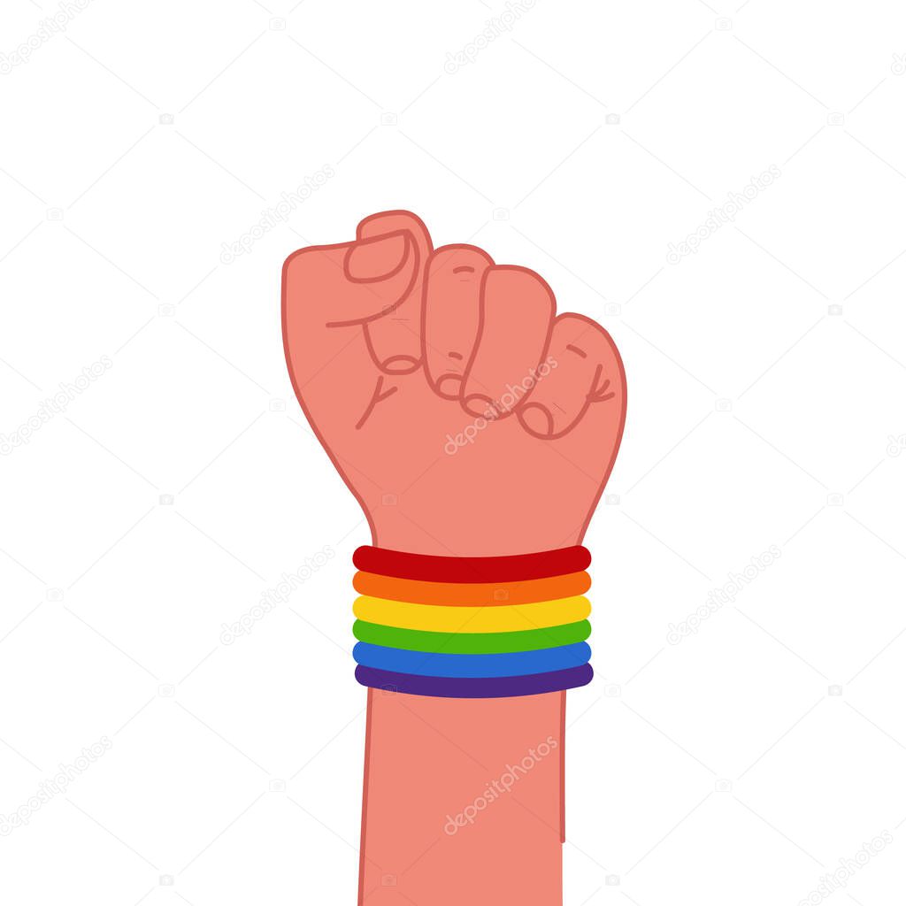 Human hand with rainbow bracelet in flat style. Vector Illustrator. LGBT pride month.