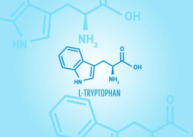 Mavi tıbbi arka plan üzerinde L-Tryptophan yapısal formülü, moleküller için makale, bayrak ya da sunum. Vektör illüstrasyonu