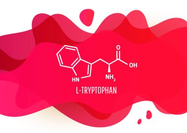 Tryptophan iskelet formülü ve kırmızı tıbbi arka planda molekülleri, afişi ya da sunumu olan bir yapı. Vektör illüstrasyonu