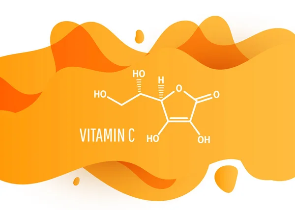 Vitamin-C-Skelett-chemische Formel auf einem Hintergrund orangefarbener Flüssigkeit. Vektorillustration — Stockvektor