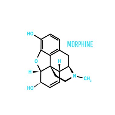 Morfin yapısal kimyasal formül ve beyaz arka planda molekül modeli. Vektör illüstrasyonu