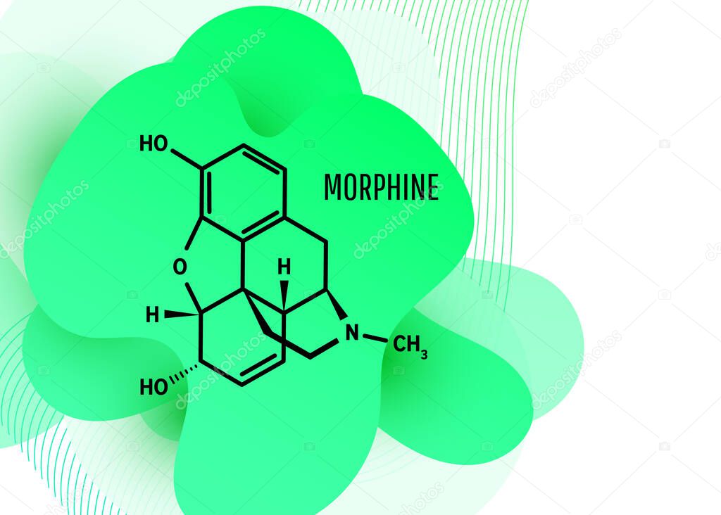 Morphine chemical formula, opium alkaloid with green liquid fluid shapes on white background