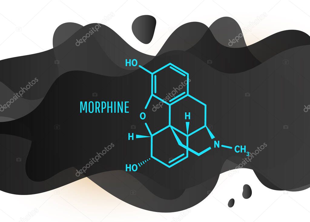 Morphine chemical formula, opium alkaloid with black liquid fluid shapes on white background