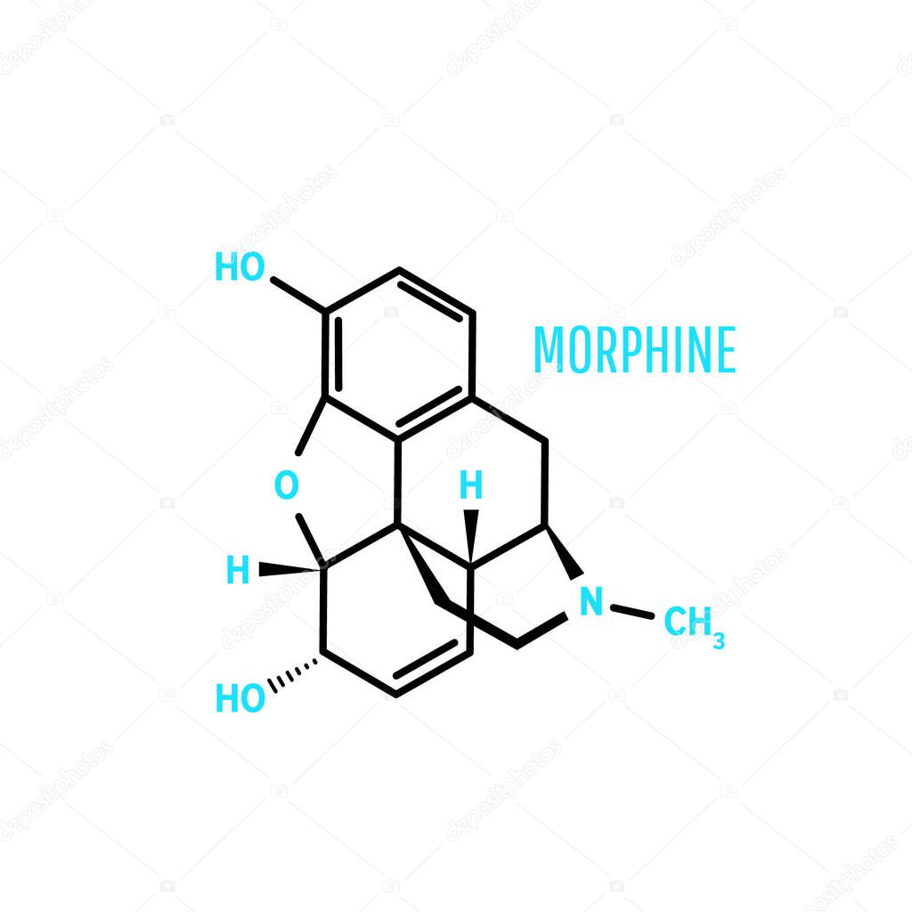 Morphine structural chemical formula and molecule model on white background. Vector illustration