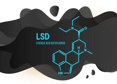 Lysergic acid diethylamide LSD, halk arasında asit olarak da bilinir, beyaz arka planda siyah sıvı şekilli yapısal kimyasal formül