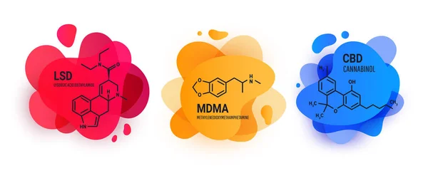 Lysergic acid diethylamide LSD, MDMA, cannabinoids, structural chemical formul with liquid fluid shapes on white background — Stock Vector
