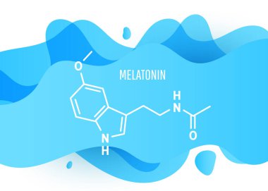 Melatonin yapısal kimyasal formülü mavi sıvı gradyan şekli ve beyaz arkaplanda kopyalama alanı