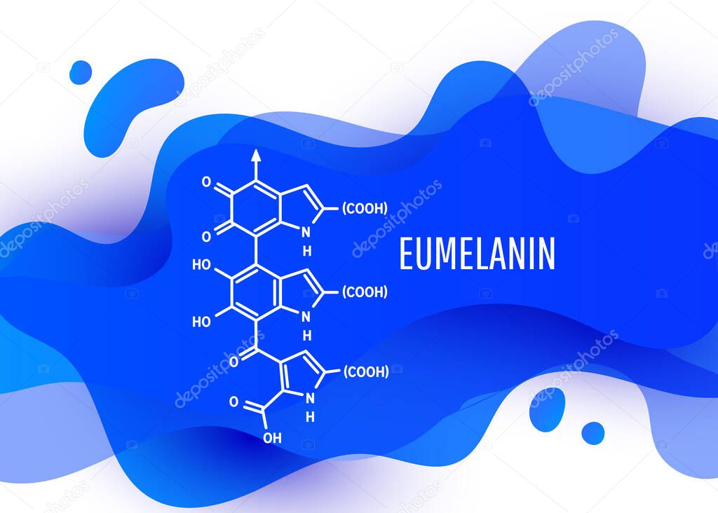 Eumelanin chemical molecule structure with blue liquid fluid gradient shape with copy space on white background
