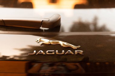 Odessa, Ukrayna - 21 Eylül 2020: Jaguar otomobil bayii logosu, Ferrari sembolü, siyah arkaplan üzerinde