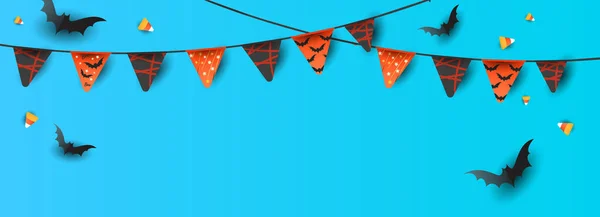 Murciélagos Halloween Con Guirnalda Banderas Sobre Fondo Azul Banner Creativo — Vector de stock