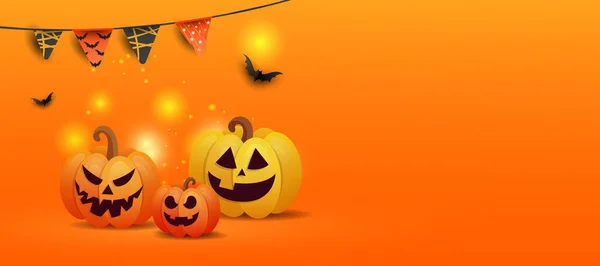 Concepto de Halloween con calabazas jack, murciélagos negros, dibujo en color de guirnaldas con espacio de copia sobre fondo de degradado naranja — Vector de stock