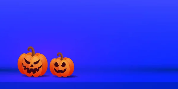 Feliz Halloween bandera creativa mínima con dos calabazas de miedo naranja sobre fondo púrpura. Lugar para el texto — Vector de stock
