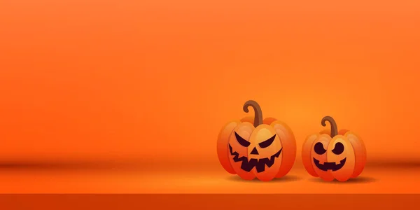 Halloween kreatywny baner z dwoma pomarańczowymi strasznymi dyniami na fioletowym tle. Miejsce na tekst. Ilustracja wektora. — Wektor stockowy